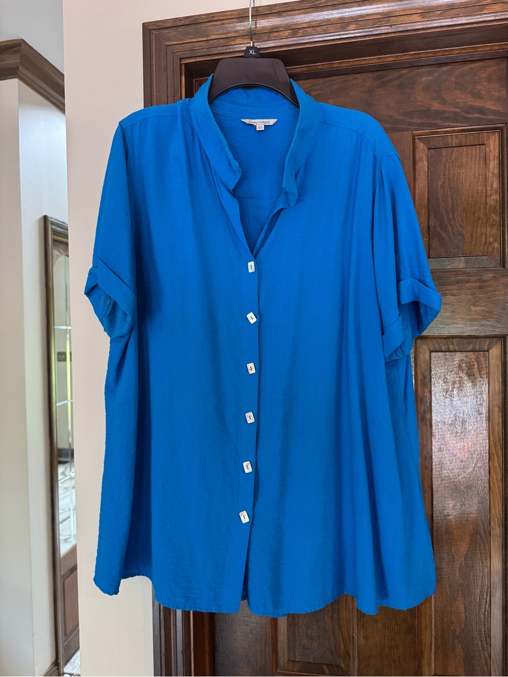 John Mark Button-Down Shirt in Bright Blue - Zipper accent on back.